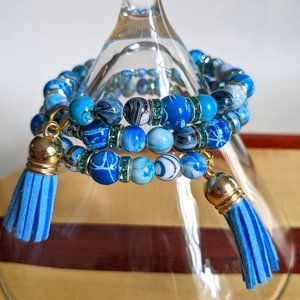 Blue beaded fashion memory wire bracelet